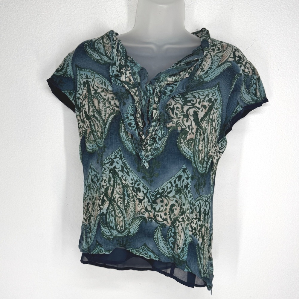 Vintage Silk Dark Paisley Ruffle Neck Button Shirt Size S Tailored Boho Fairy